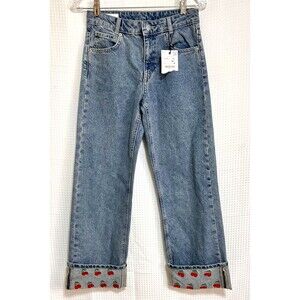 NWT Zara Girls Jeans Size 12 13 Light Wash Blue Wide Leg Cherry Embroidered Cuff